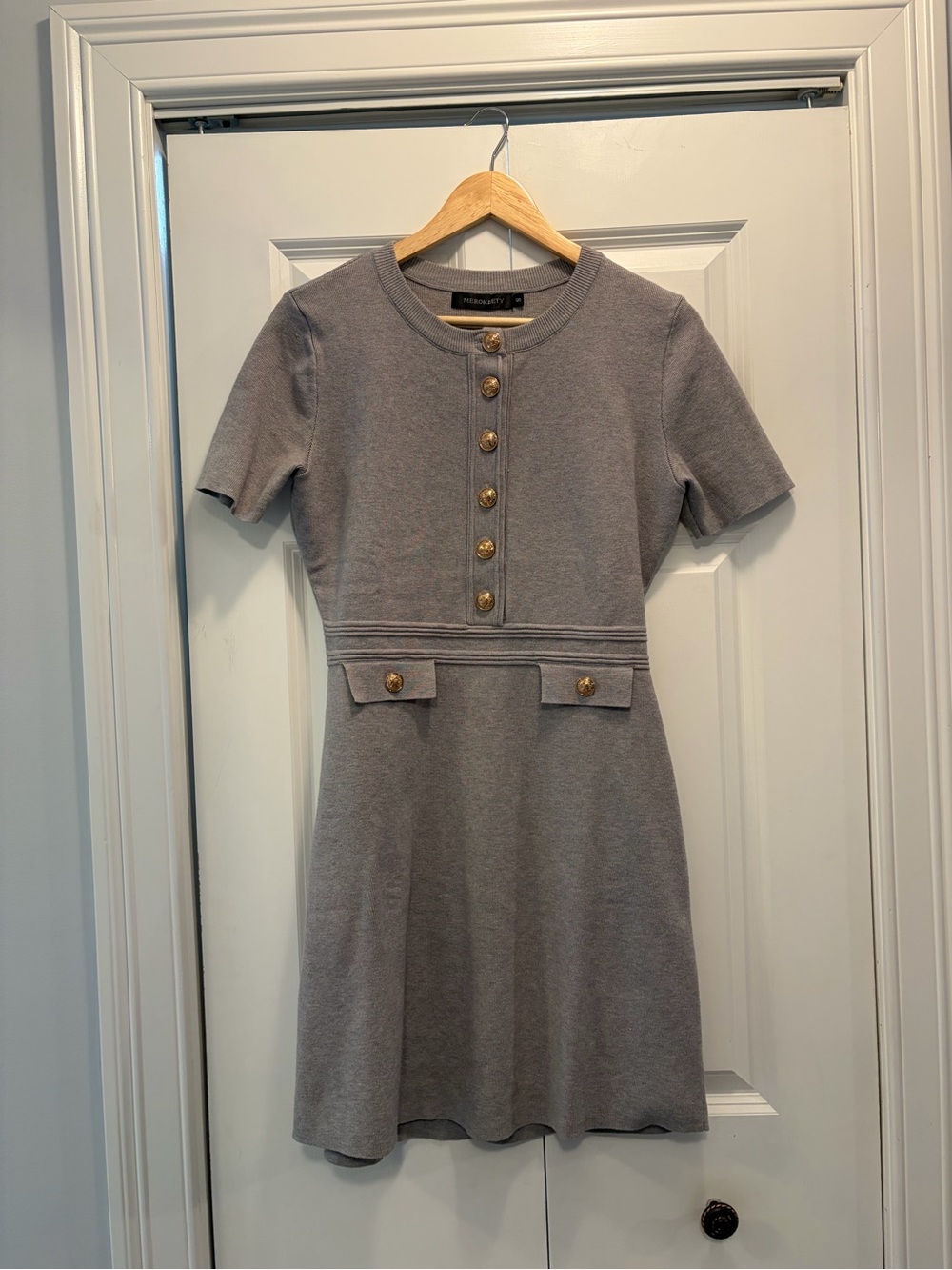 Women's Short Sleeve Knit Mini Dress in Gray with Gold Buttons